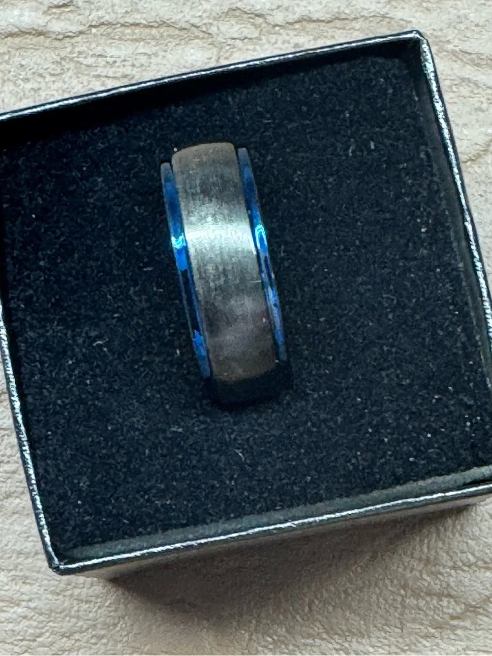 Tungsten Two-Tone Black Grey & Blue Grooved Inlay 8MM Wedding Band Size 8.5